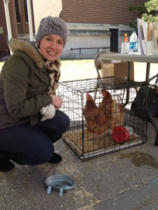 Here I am with our laying hens. It was a pretty cold April day - even for Minnesota standards, so that's why I'm bundled up in my winter coat and hat!