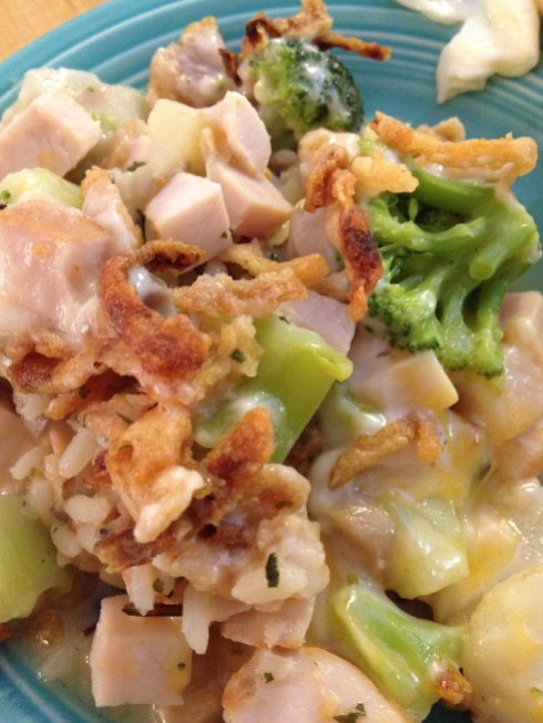 Cripes! It's the Best Ever Turkey Layered Hotdish - yummy deliciousness with cubed turkey, rice, cheese, mushrooms, broccoli and more!