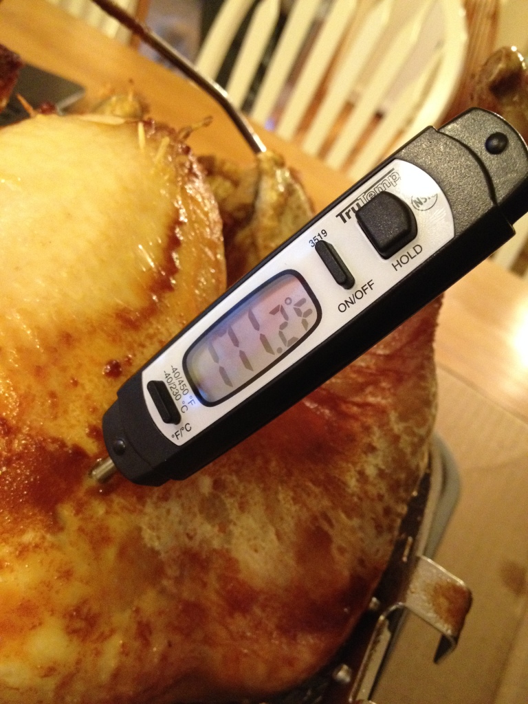 Deep fried turkey with a meat thermometer | via MyOtherMoreExcitingSelf.wordpress.com